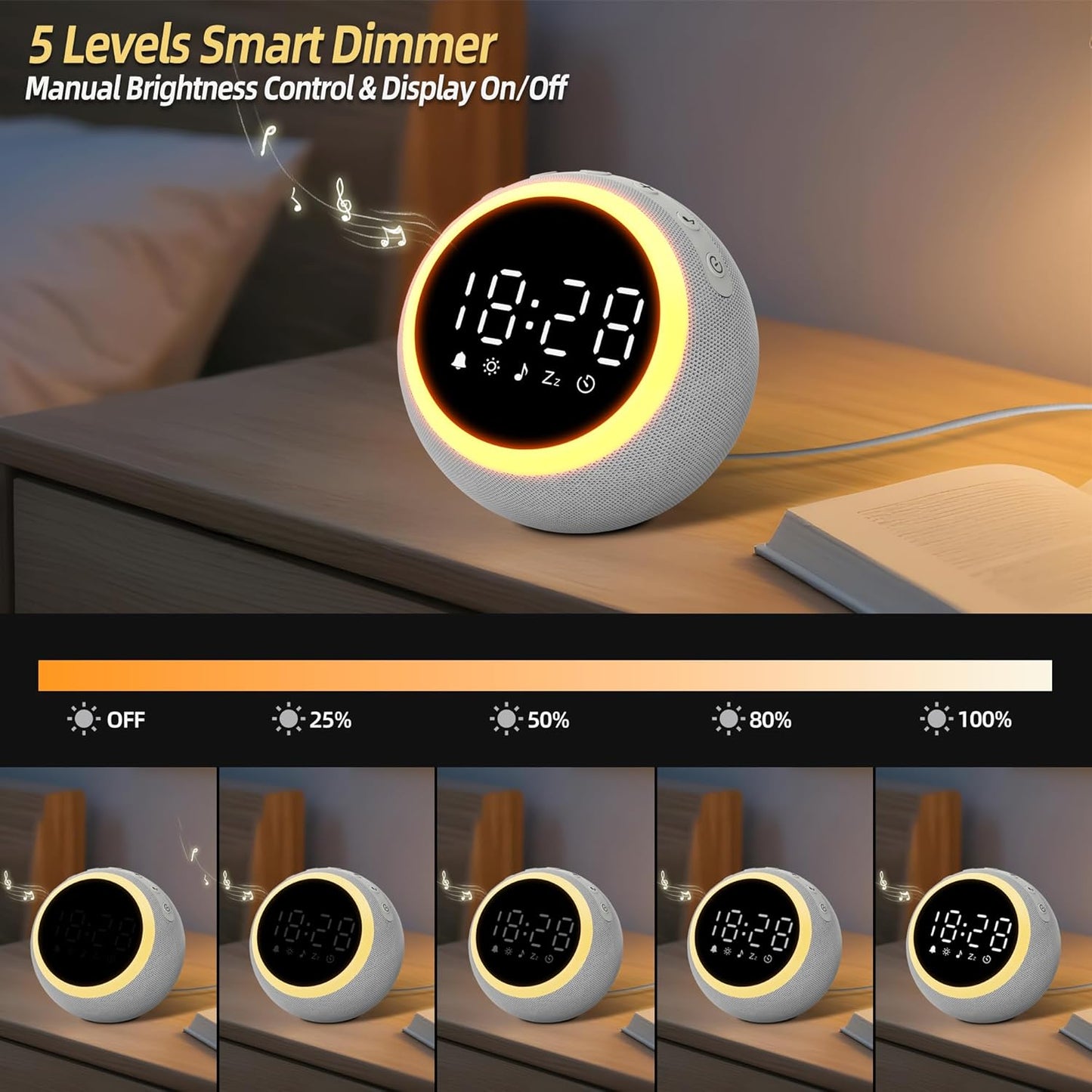 Digitalwecker mit Entspannungstönen & dimmbares Nachtlicht, 12CM Grau