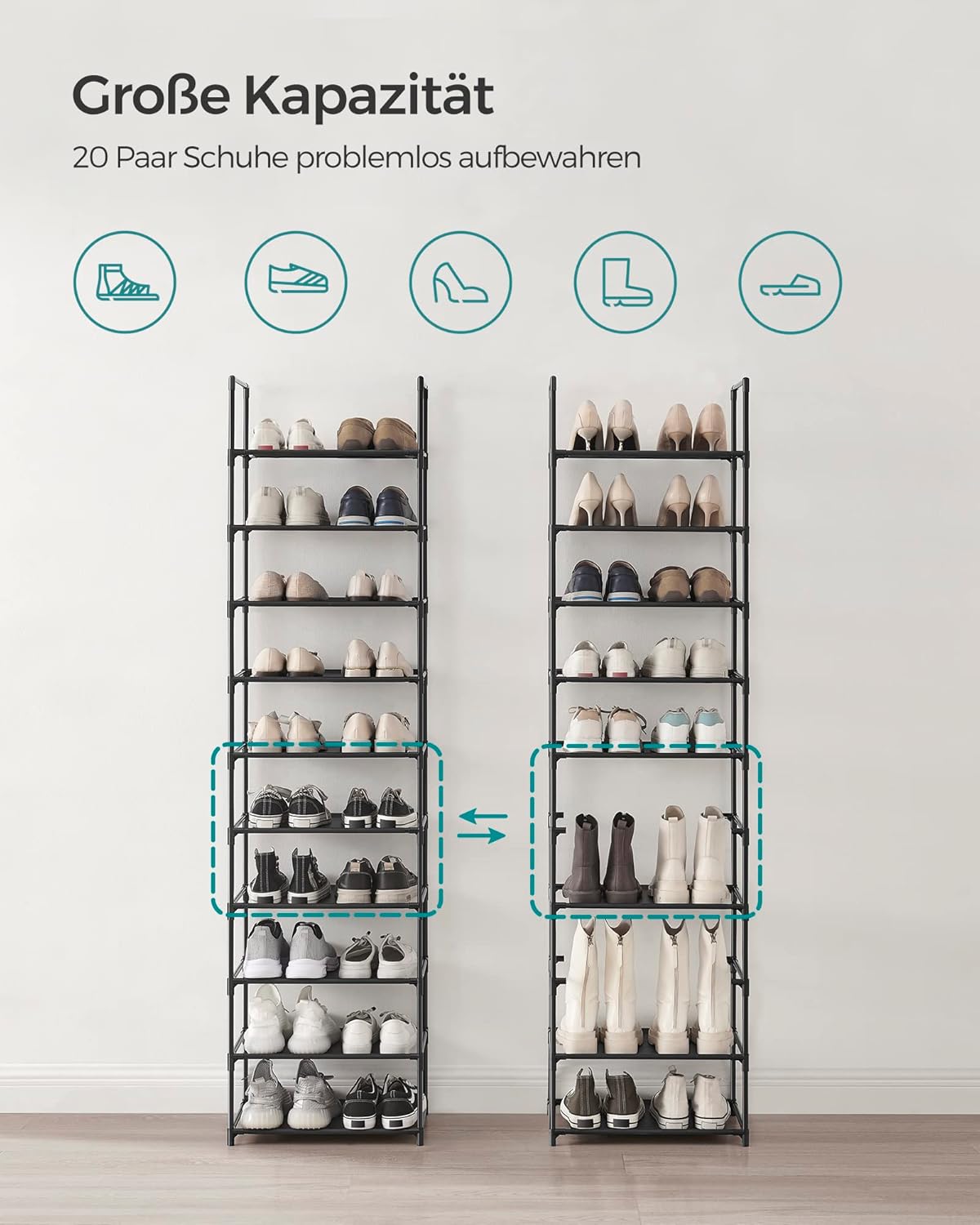 Schuhregal mit 10 Ebenen, Schwarz 10 Ebenen (45B cm)