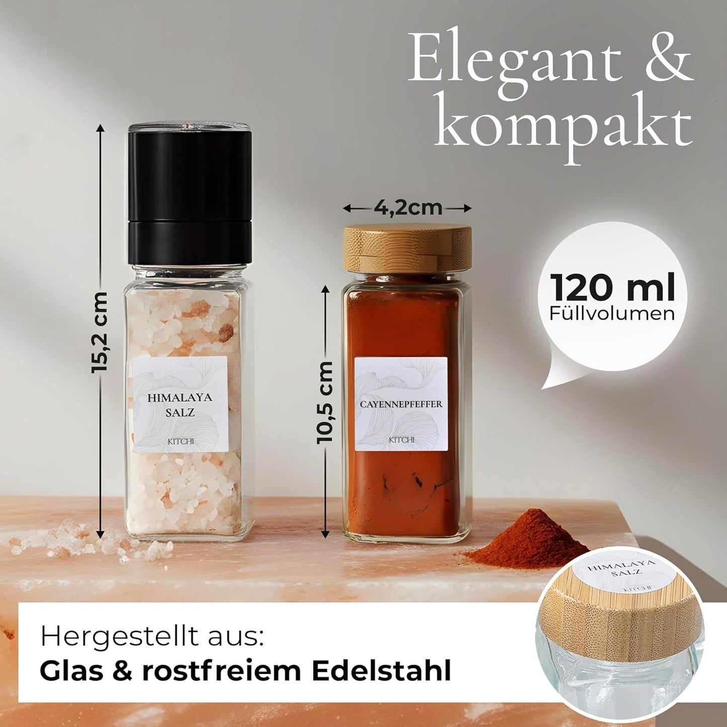 Gewürzgläser-Set mit Bambusdeckel und Mühlen, Bambus + 2 Mühlen