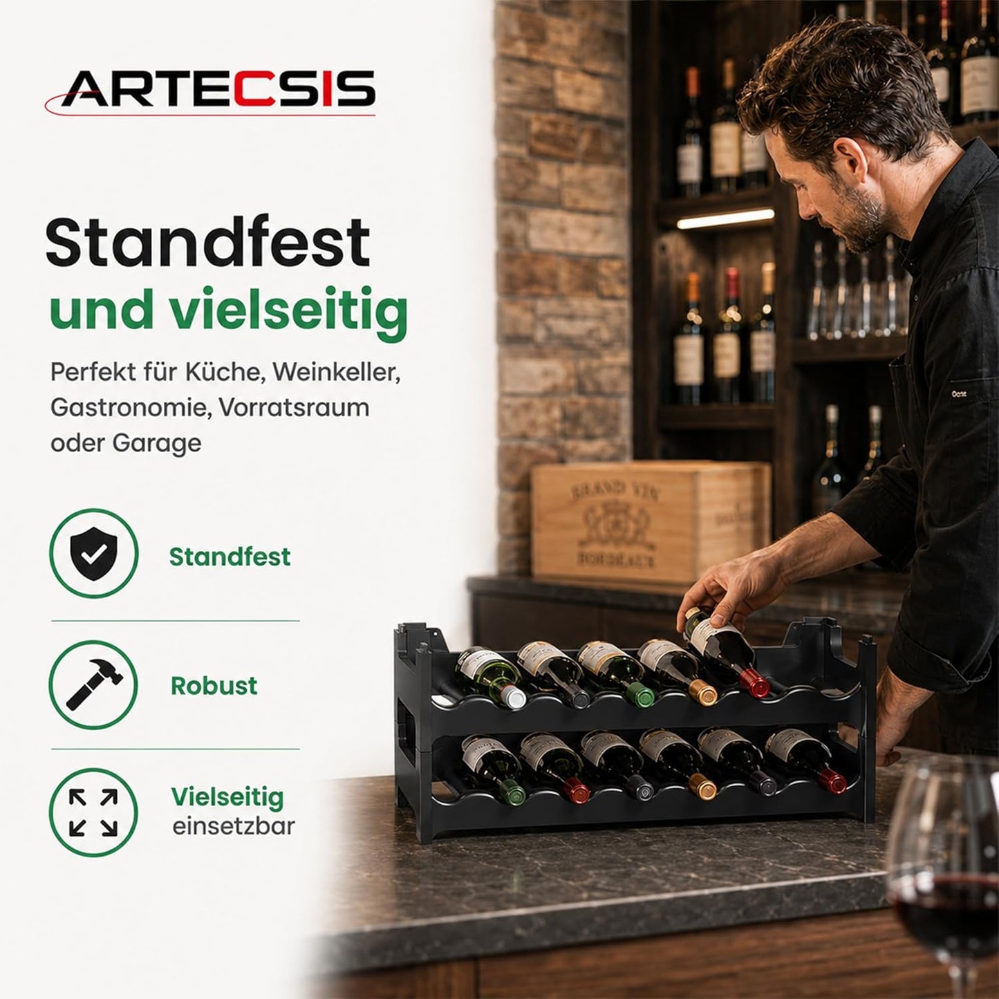 Stapelbares Weinregal für 12 Flaschen, Schwarz 12 Flaschen