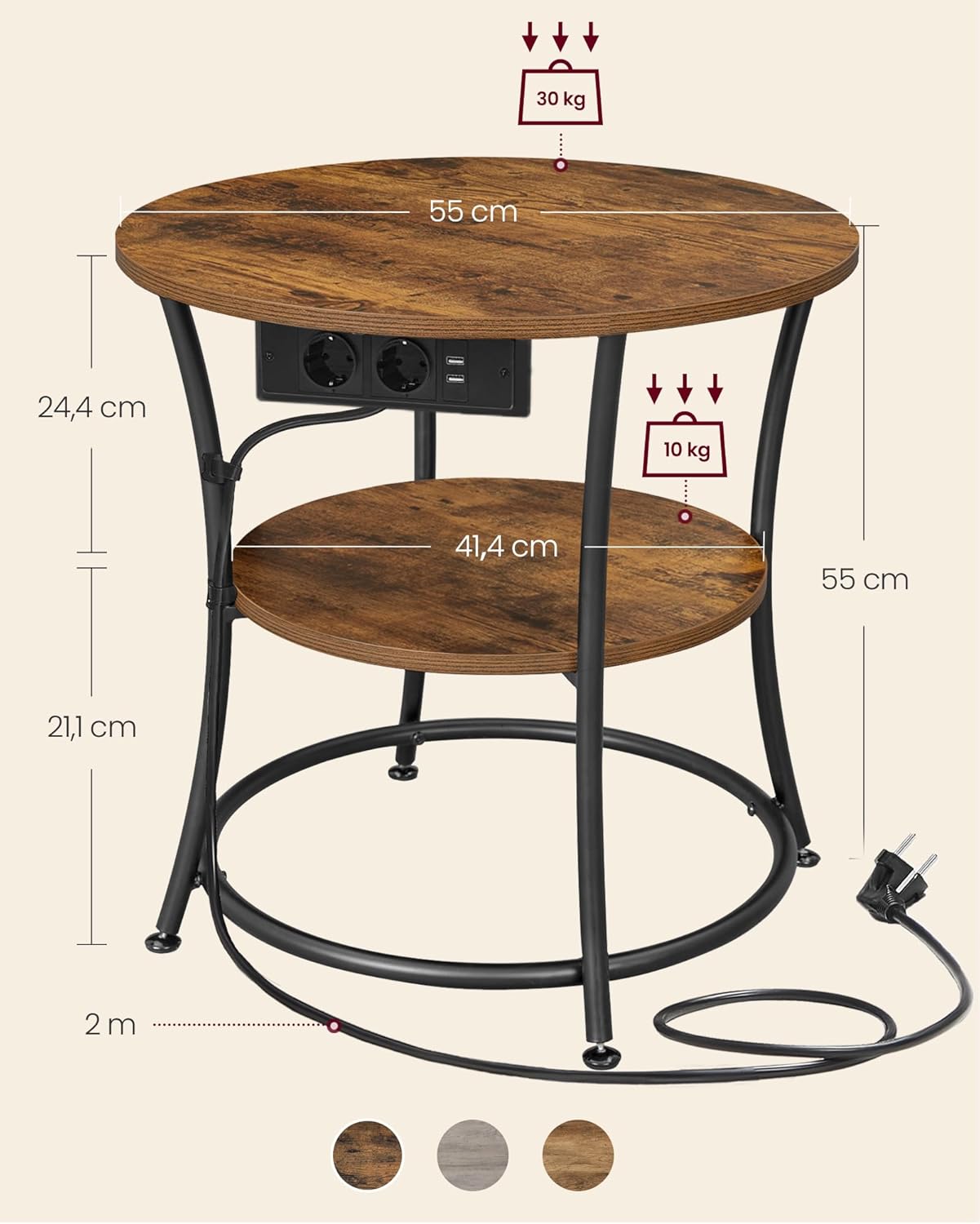 Runder Beistelltisch mit Steckdosenleiste, Vintagebraun + Tintenschwarz Mit Steckdosenleiste