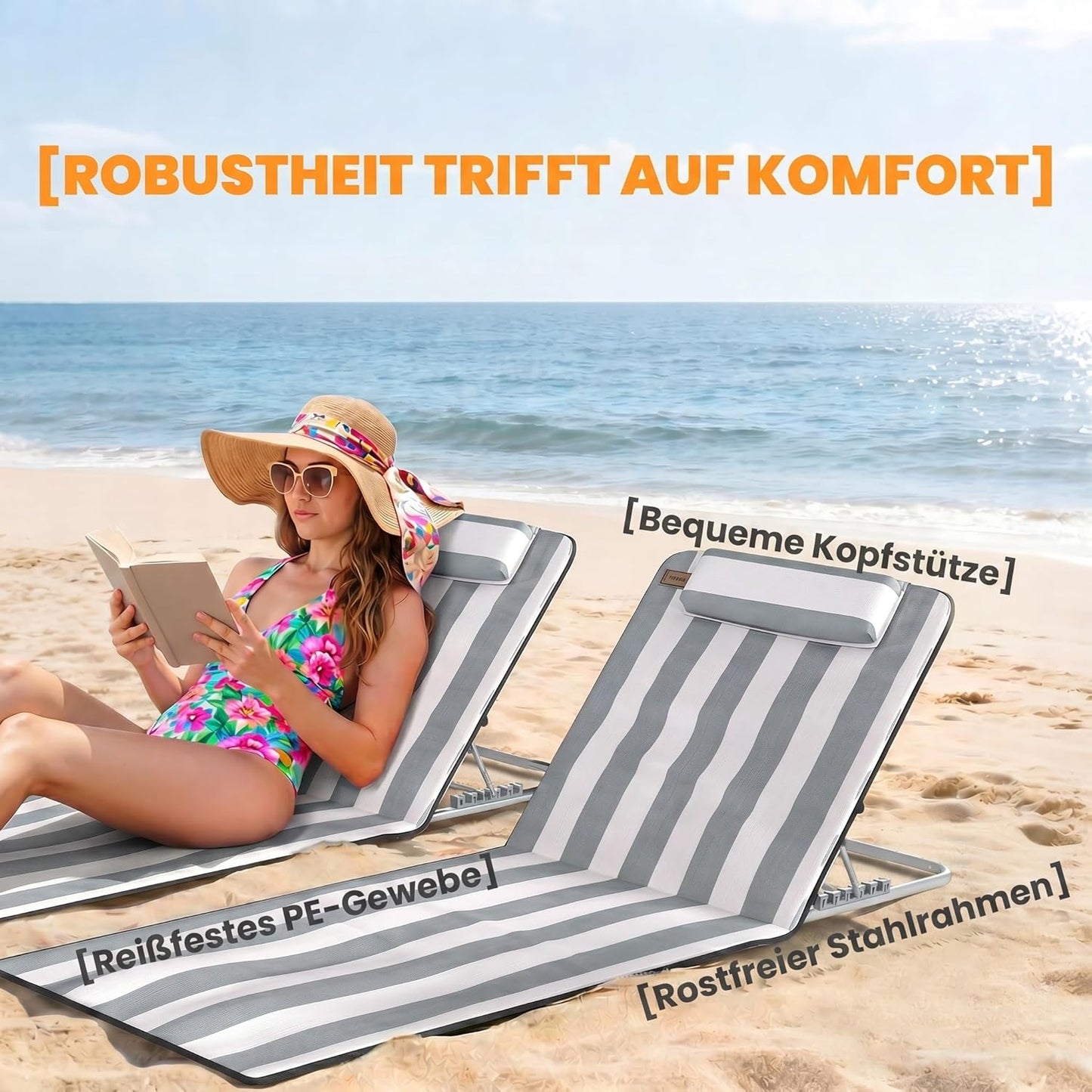 Klappbares Sonnenliegen-Set mit Kopfkissen und Tragetasche, Hellgrau