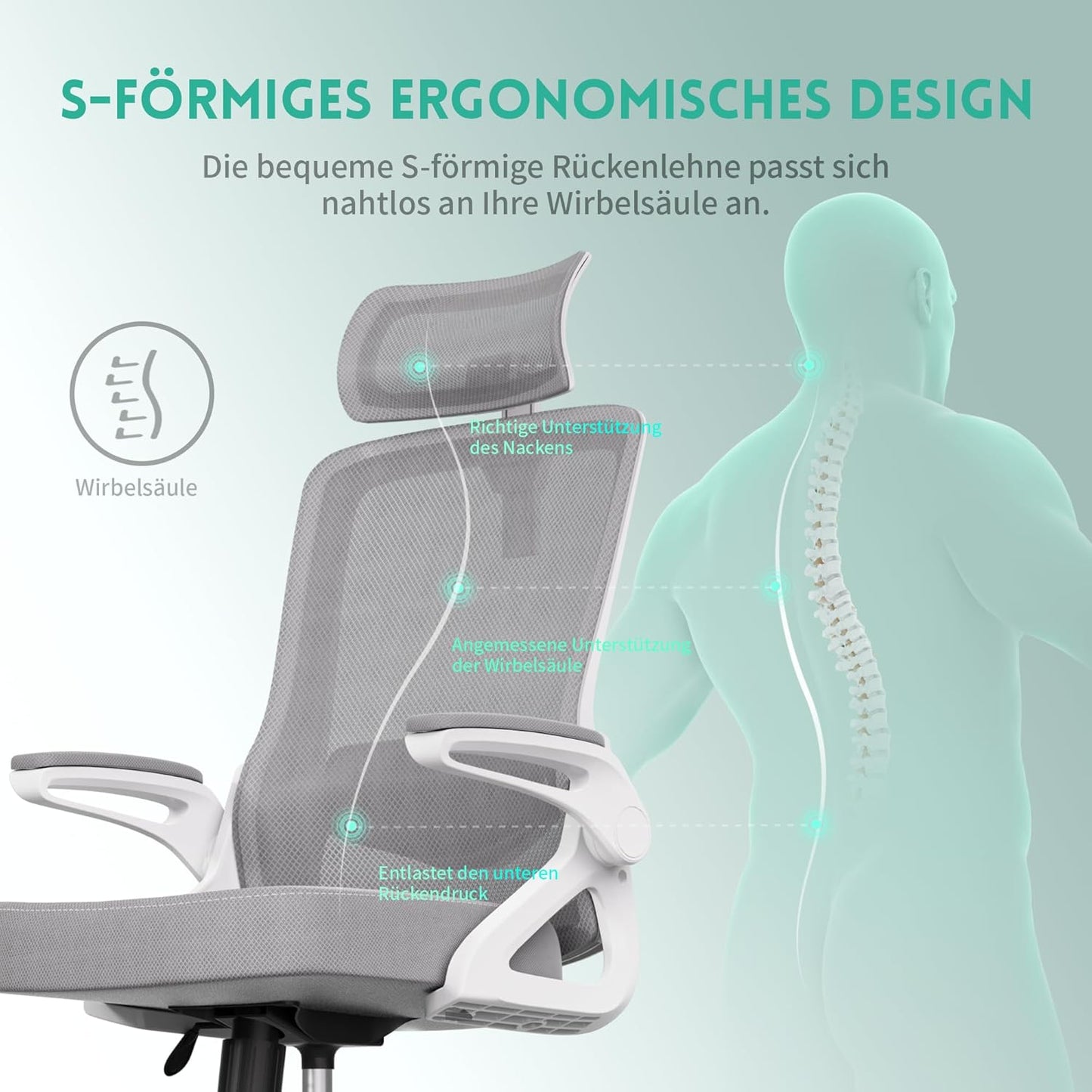 Ergonomischer S-förmiger Bürostuhl ‎W-23-1W mit Klapparmlehnen, Weiss Grau