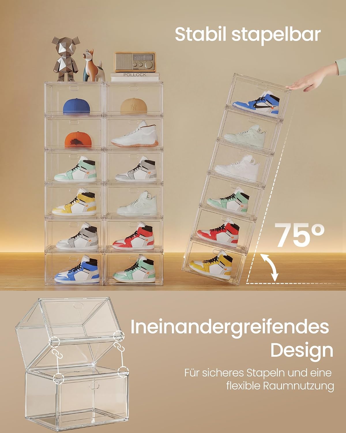 Stapelbares 3er-Set Schuhboxen mit Magnettür, 6er Set