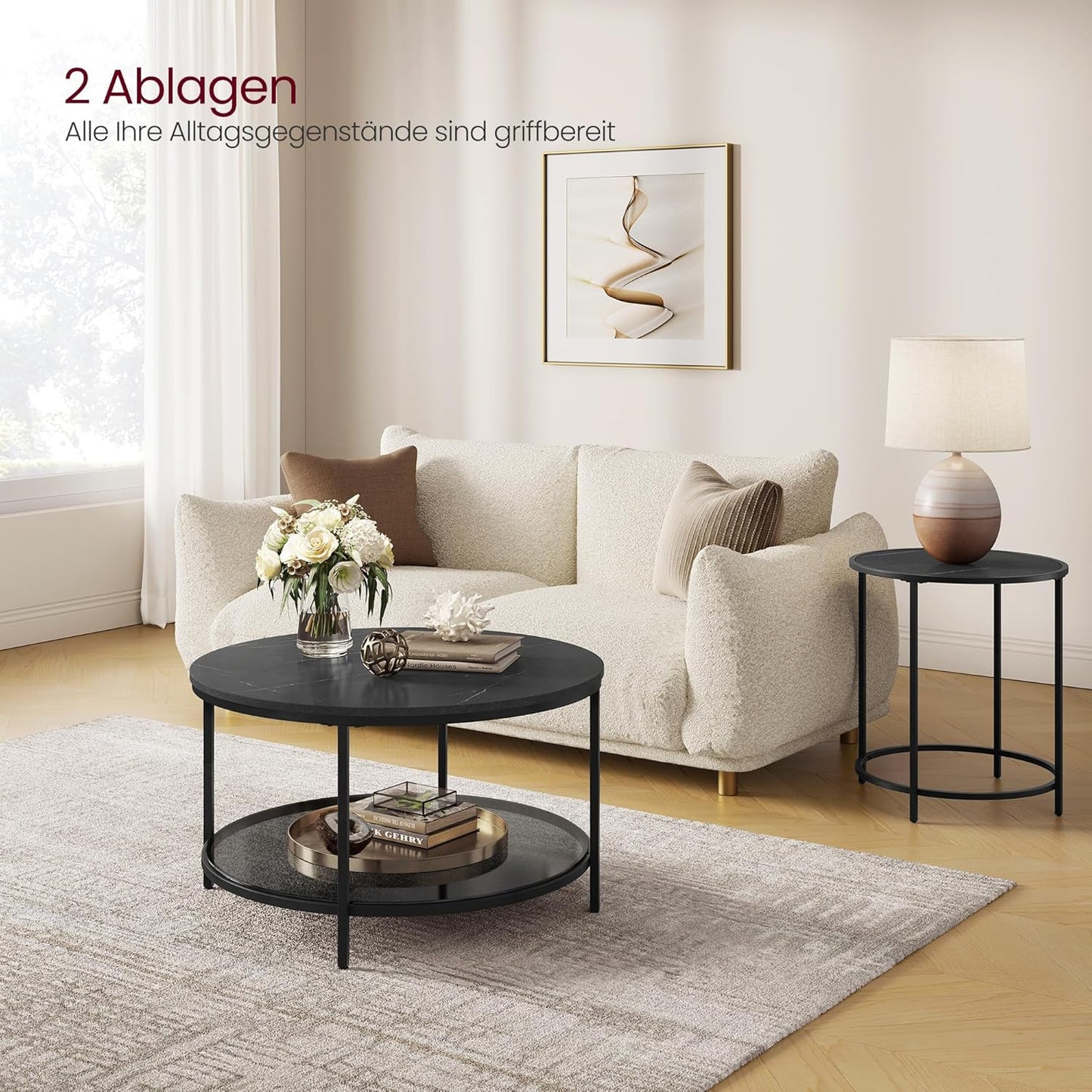 Moderner Couchtisch mit Glasplatte und Stauraum, LCT071B58, 80d cm Marmorschwarz + Tintenschwarz