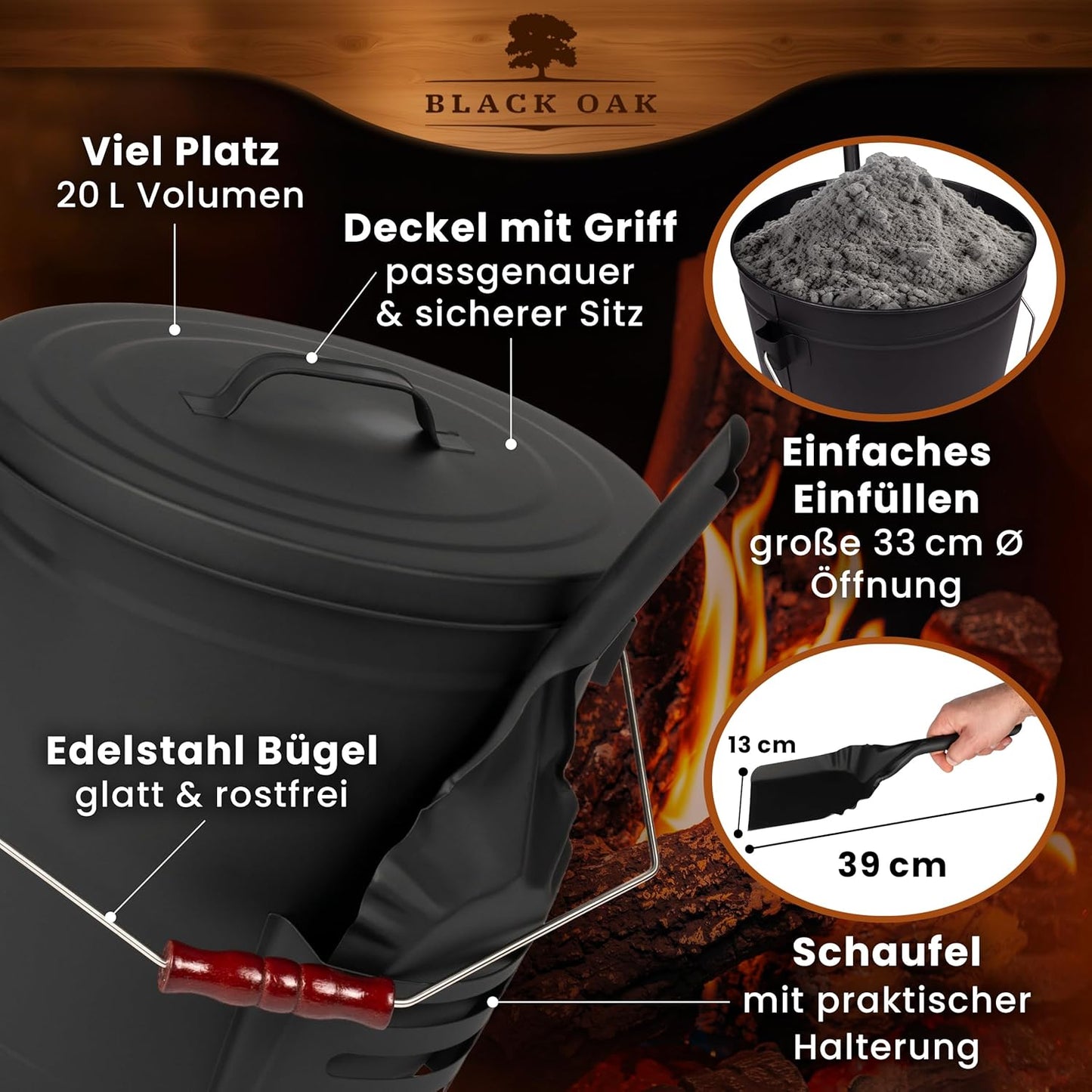 Ascheeimer Stromboli mit Feuerschaufel, Bügel silber