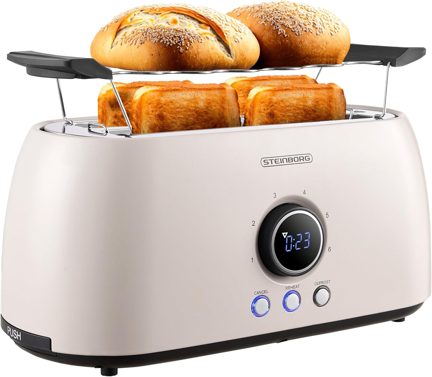 Toaster mit Brötchenaufsatz, 4 Scheiben, LED-Anzeige, Bulgur Beige