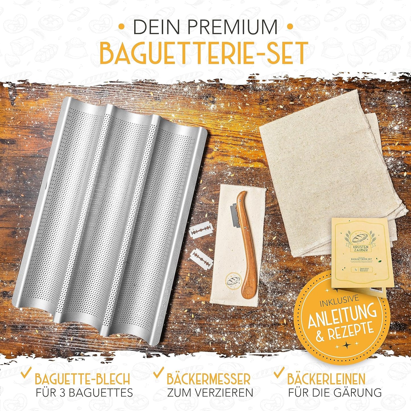 3er Baguette Backform mit Bäckerzubehör, Baguetteform - 3er Set