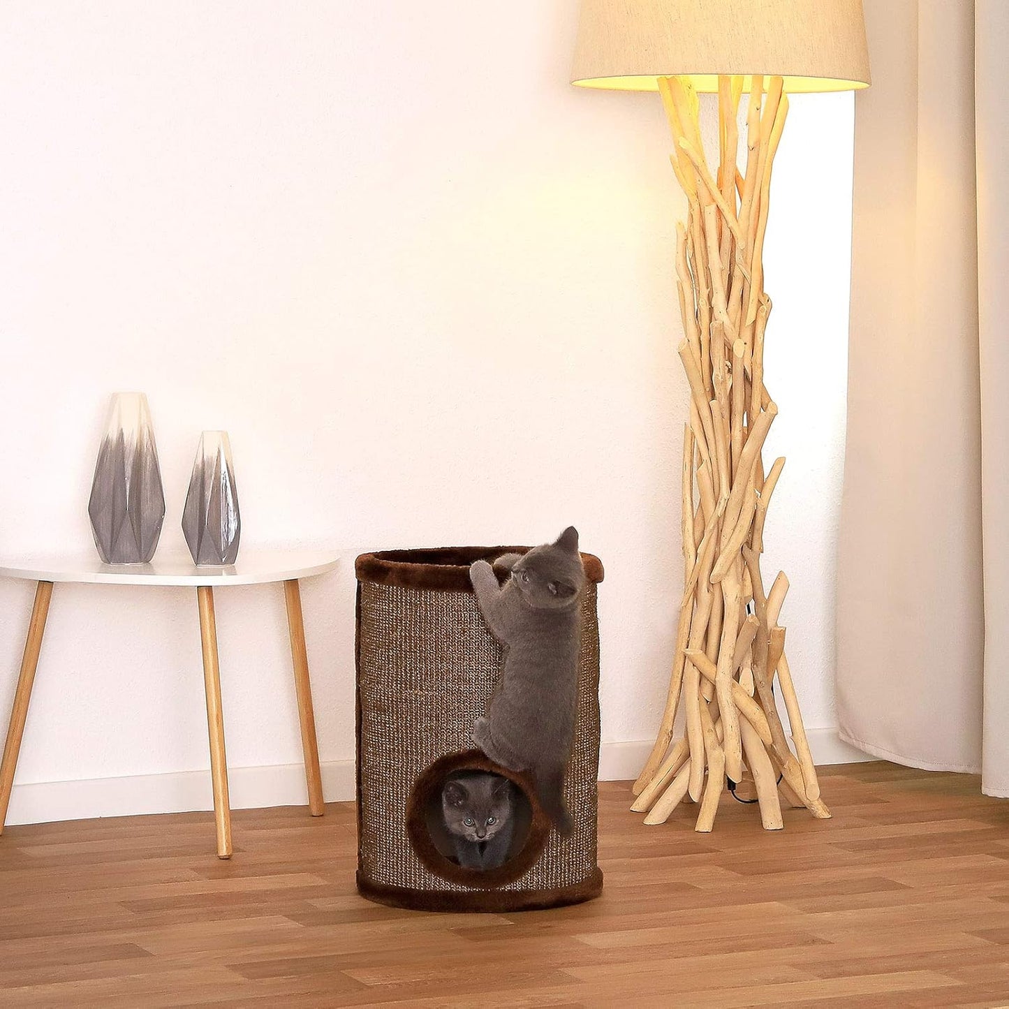 Kratztonne mit Sisal & Plüschrand, Braun 50 cm Höhe