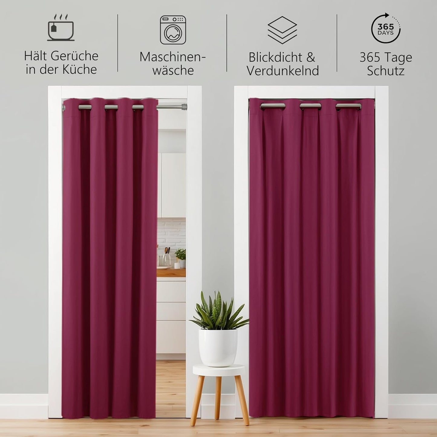 Türvorhang mit Teleskopstange, H200 x B150 cm (1er Pack) Türvorhang Bordeaux Rot + Stange Silber