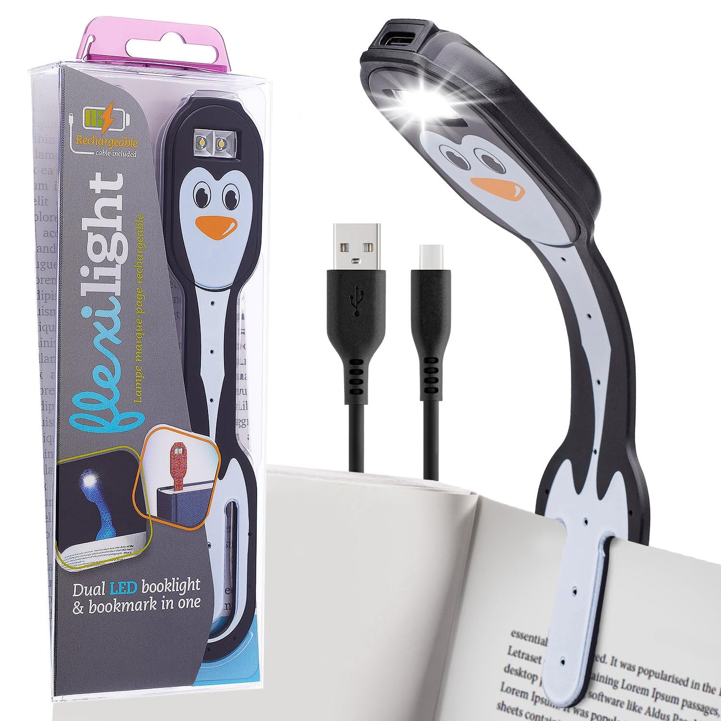 Flexilight 2-in-1 Clip On Leselampe & Lesezeichen, wiederaufladbar, Puinguin