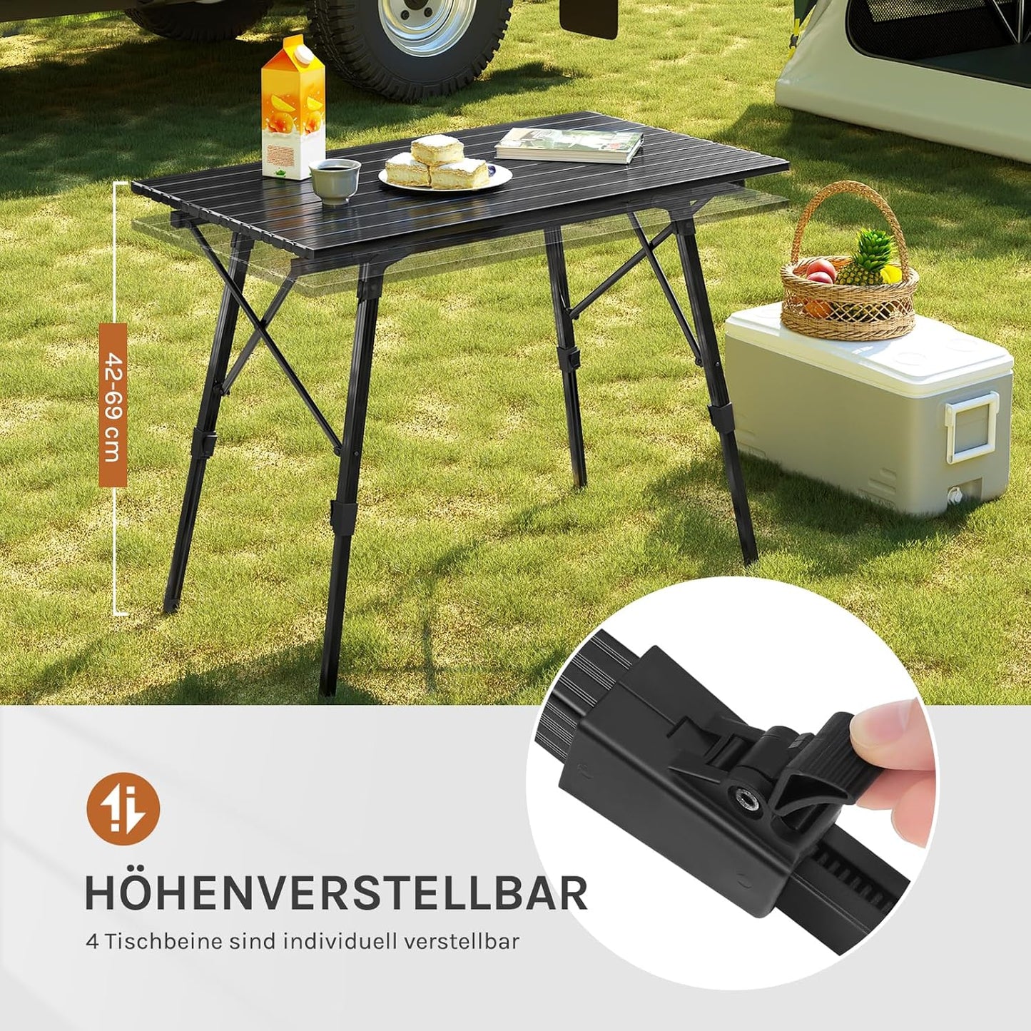 Höhenverstellbarer Klapptisch aus Alu, zusammenklappbar, 90x52cm Schwarz