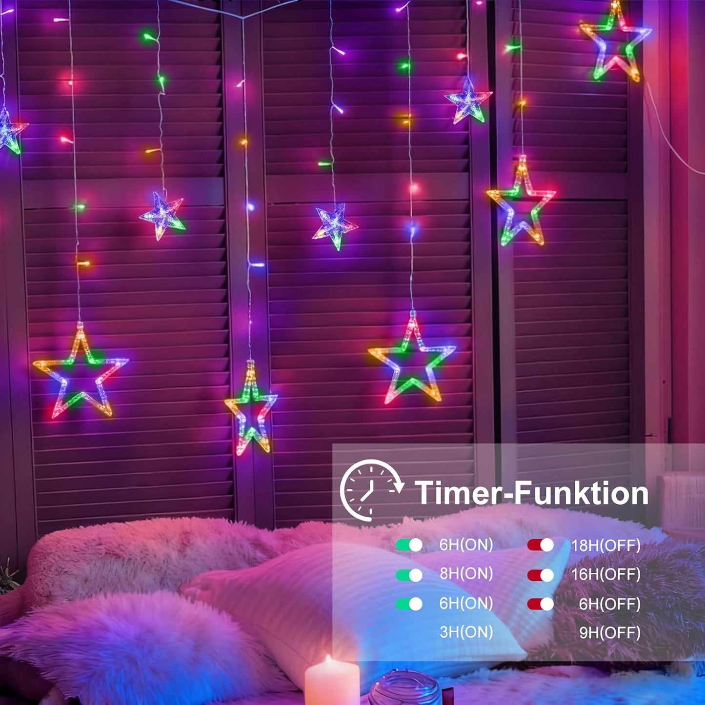 LED Sternenvorhang 3M mit Timer und Fernbedienung, Bunt 12 Sterne