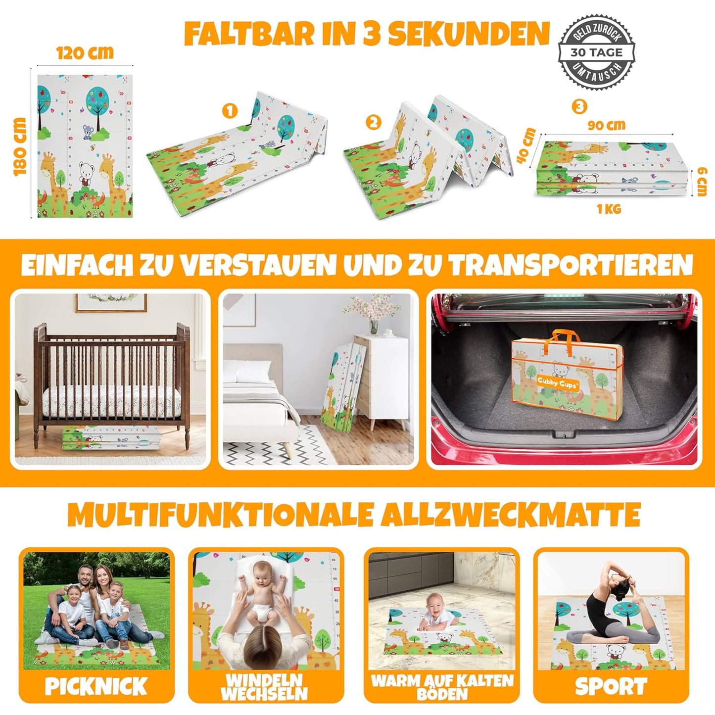 Faltbare Baby Krabbelmatte Giraffe und Bär, 180x120cm, rutschfest, Giraffe und Bär