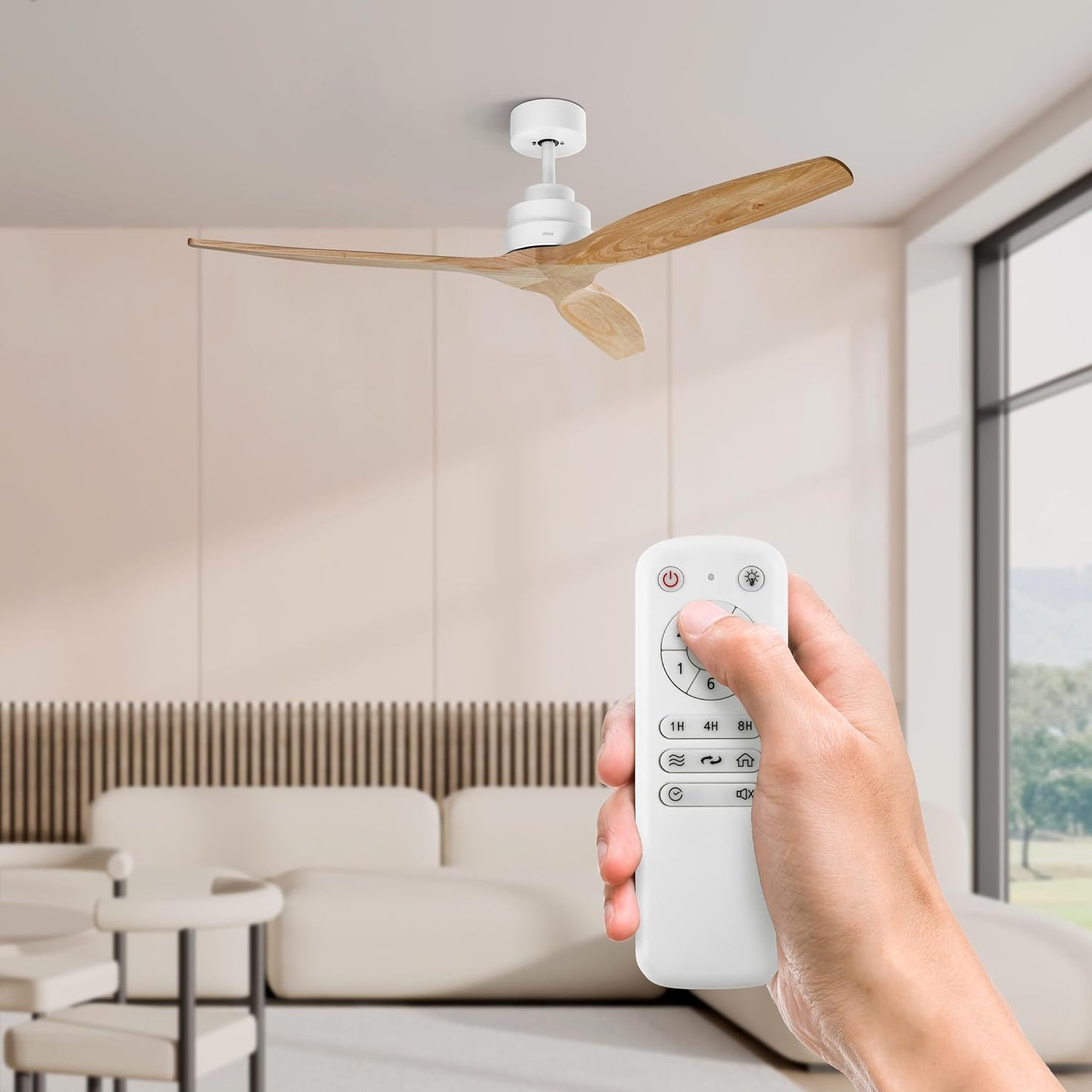 Deckenventilator mit Timer und Fernbedienung, Ohne Licht Weiss - Helles Holz