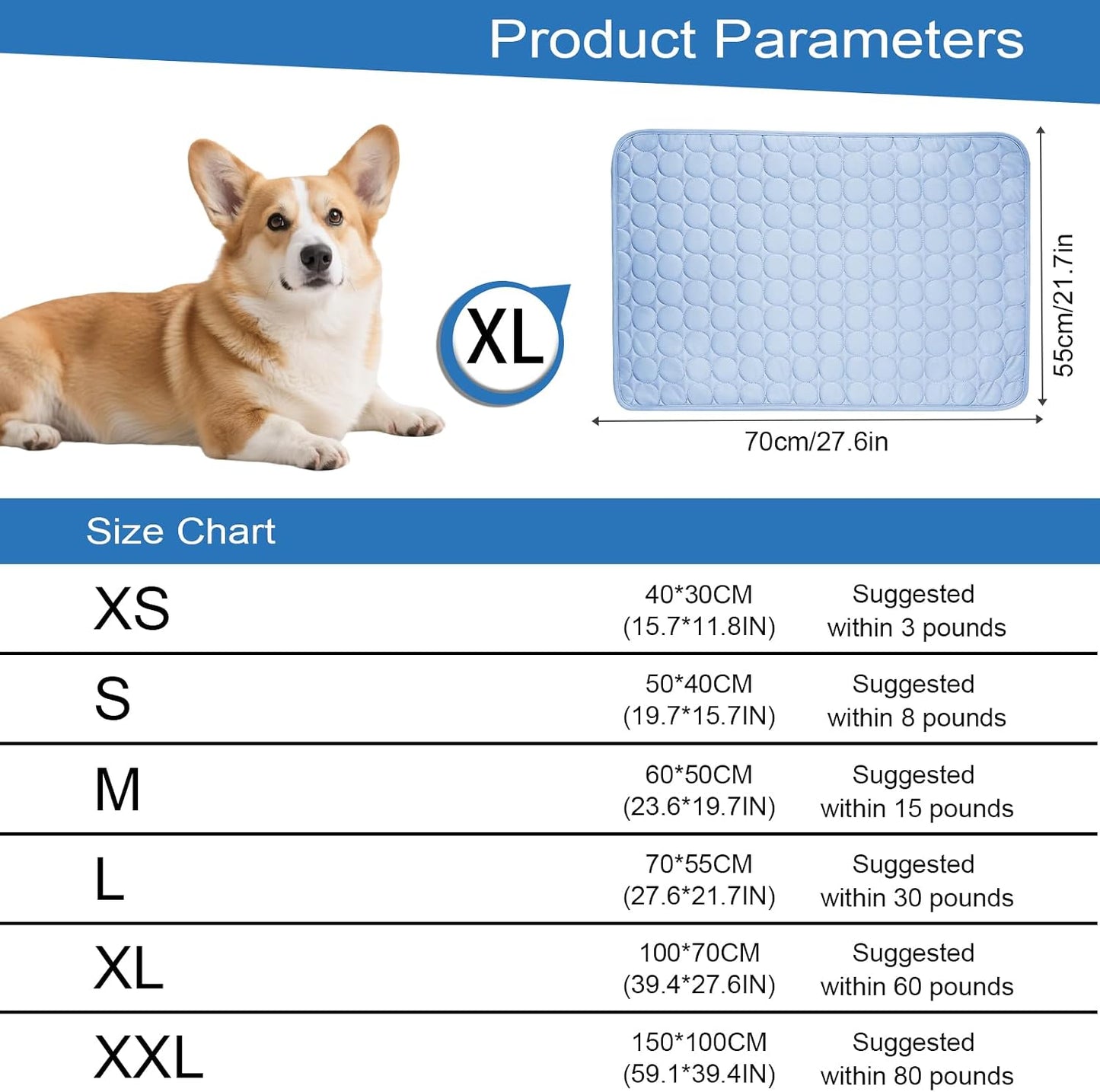 Kühlmatte für Hunde (XL, 100x70cm), Blau L 100 x B 70 x H 1 cm