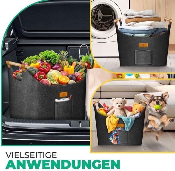 Faltbarer Brennholzkorb mit Holzgriffen und Aussentasche, 60 Liter Anthrazit
