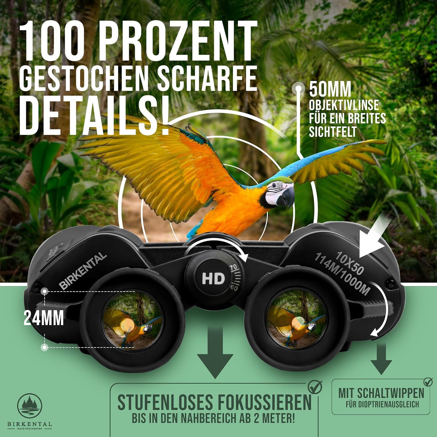 Fernglas mit Dioptrienausgleich & HD-Sichtfeld, Dioptrienausgleich für beide Augen (Schwarz) 10x50