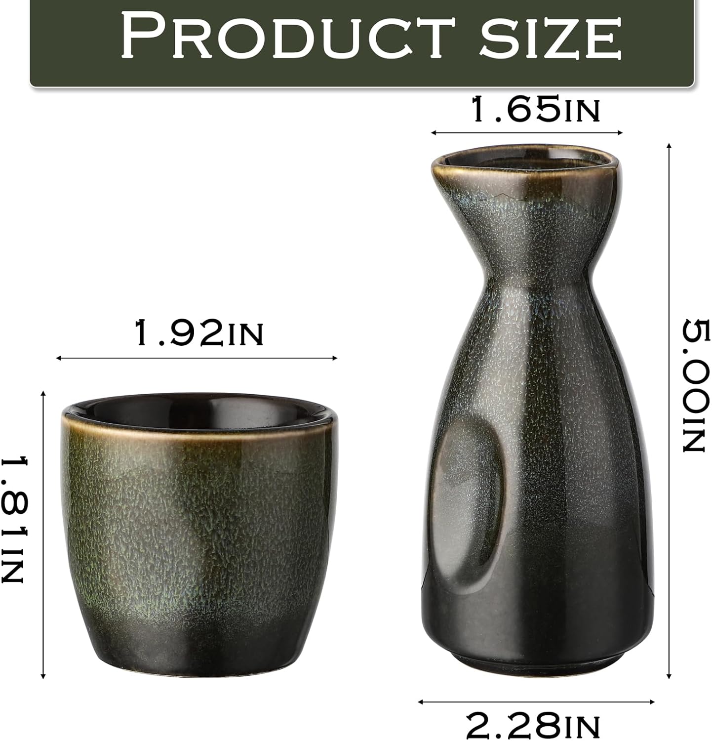 Sake-Set mit 4 Bechern und Wärmer, Grün Schwarz