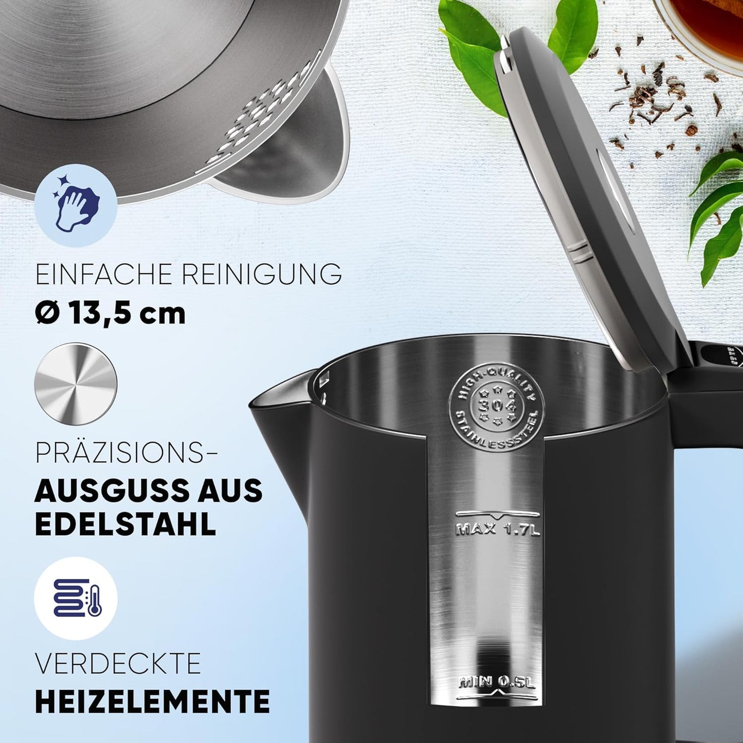 Wasserkocher mit Temperatureinstellung, Schwarz