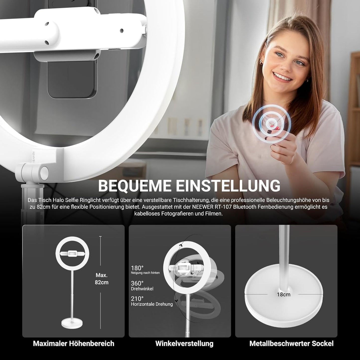 LED Selfie Ringlicht N17 mit Tischständer und Handyhalter, Weiss 10" mit Tischstativ