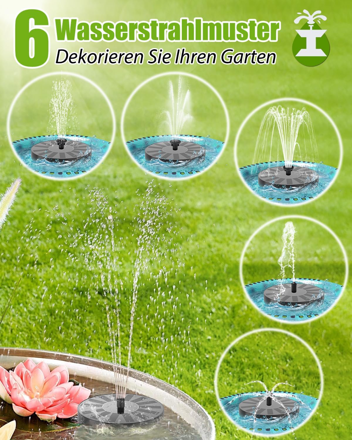Solar Springbrunnen mit 6 Fontänen-Effekten