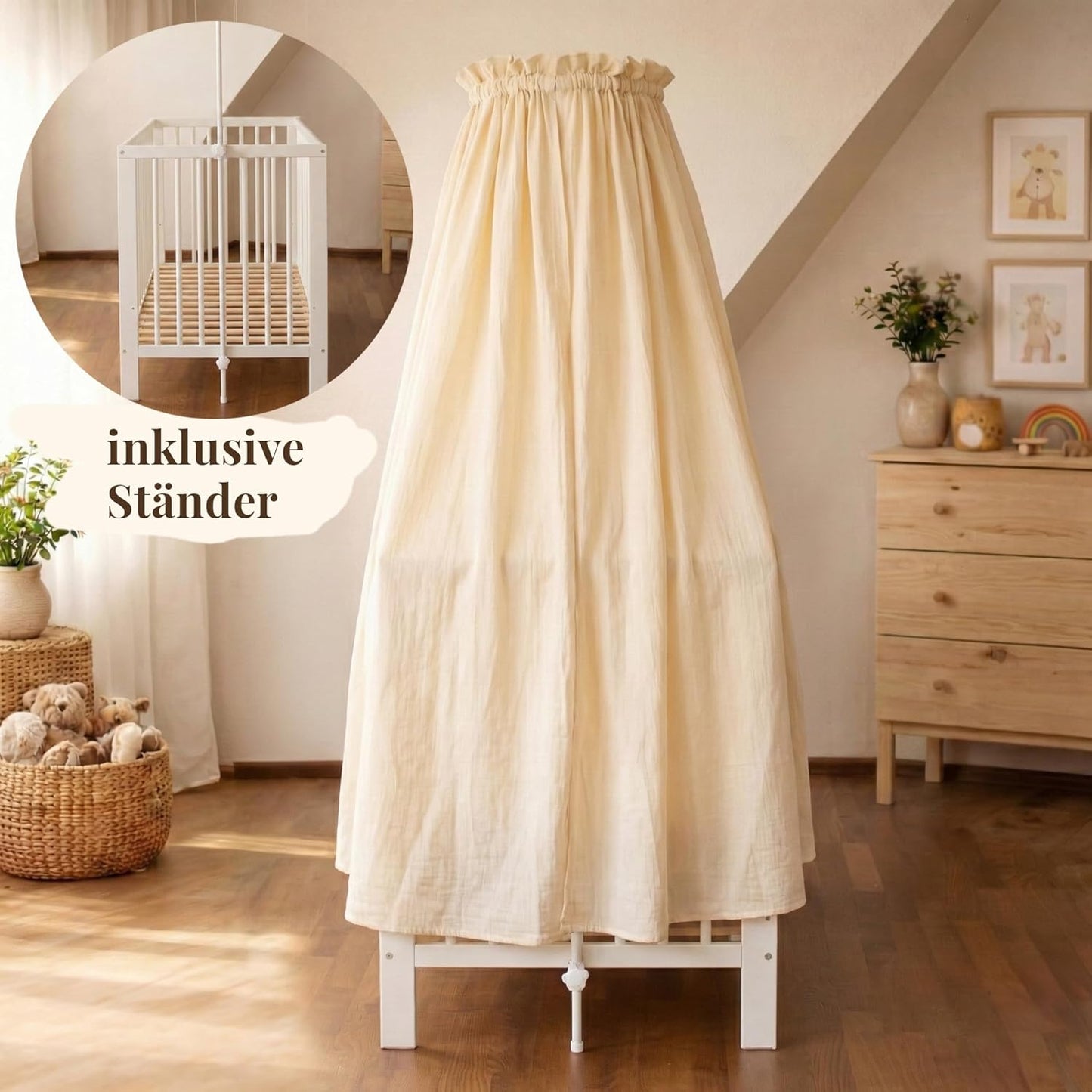 Betthimmel Set mit Himmelstange, montierbarer Ständer + Stoff creme
