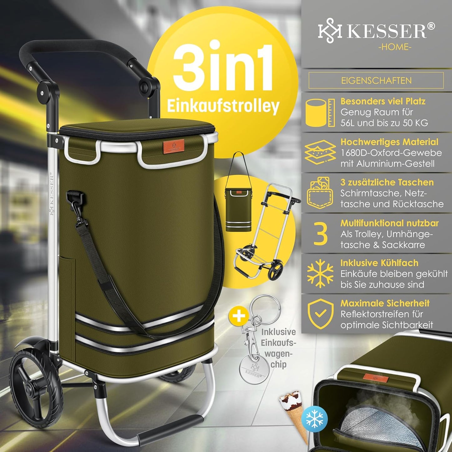 3-in-1 Einkaufstrolley mit Kühlfach & Einkaufschip, Khaki
