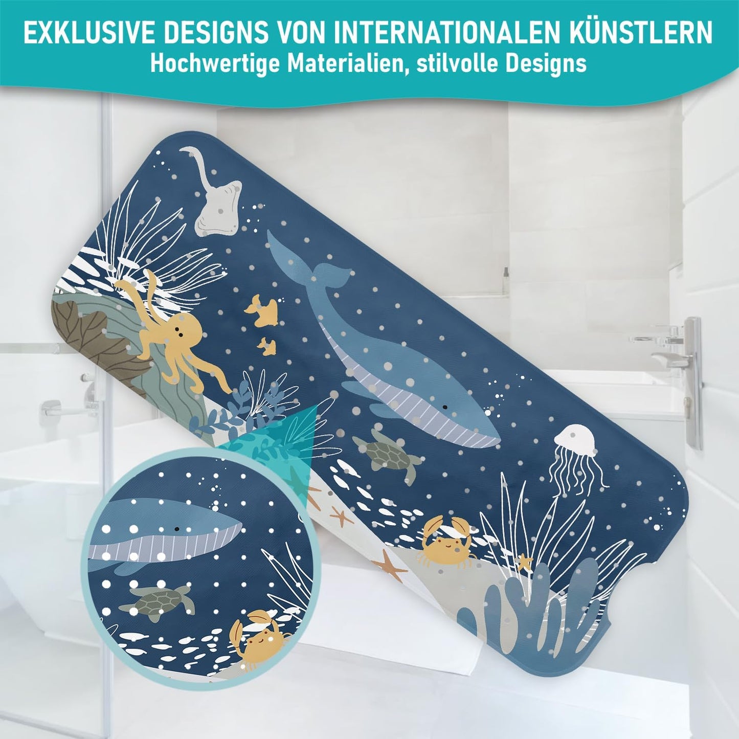 Rutschfeste Badewannenmatte, 100x40 cm, Badewannenmatte Wasserwelt Blau