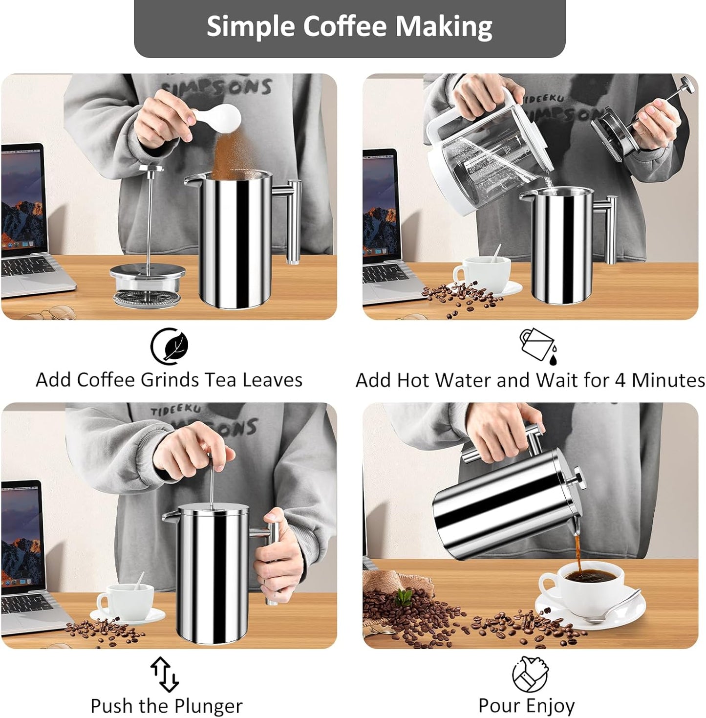 Edelstahl French Press 800ML, doppelwandig isoliert, 800ML