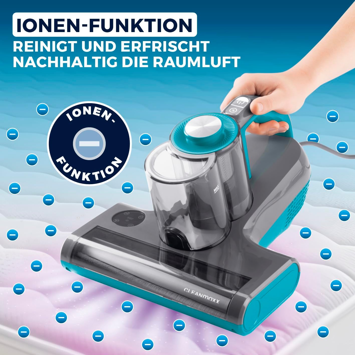 3-in-1 Milbensauger mit Heissluft & UV-C-Licht, Rotation Pro Power 15kPa Blau