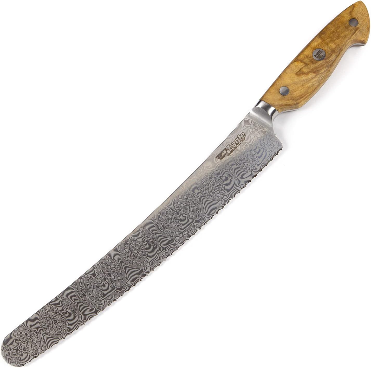 U-Grip Brotmesser, Voll-damaststahl 108 Lagen / Heftschalen: Olivenholz aus Süditalien
