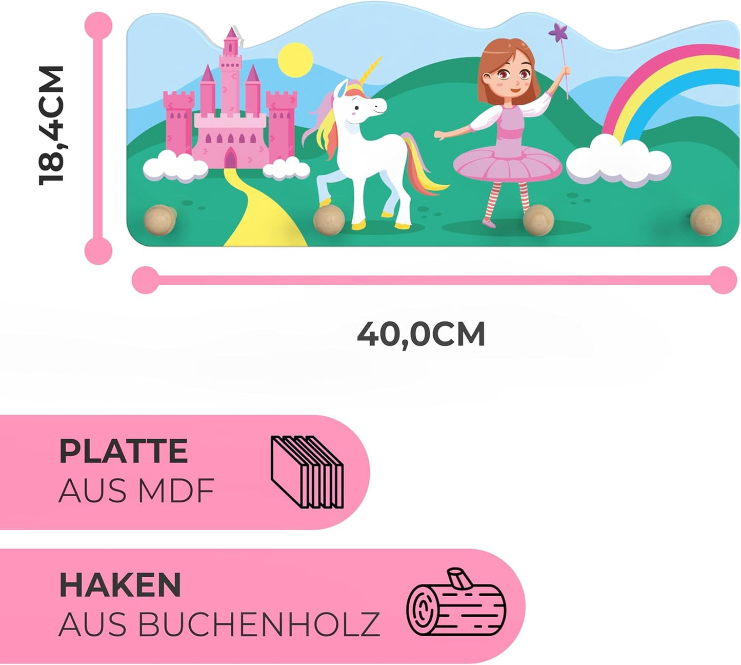 Kindergarderobe mit 4 Kleiderhaken (Prinzessin), Prinzessin