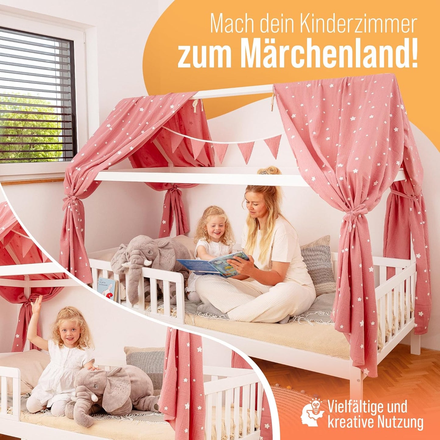 Hausbett-Himmel Set mit Sternendruck, Altrosa Sterne H320 x B130 cm (2er Set)