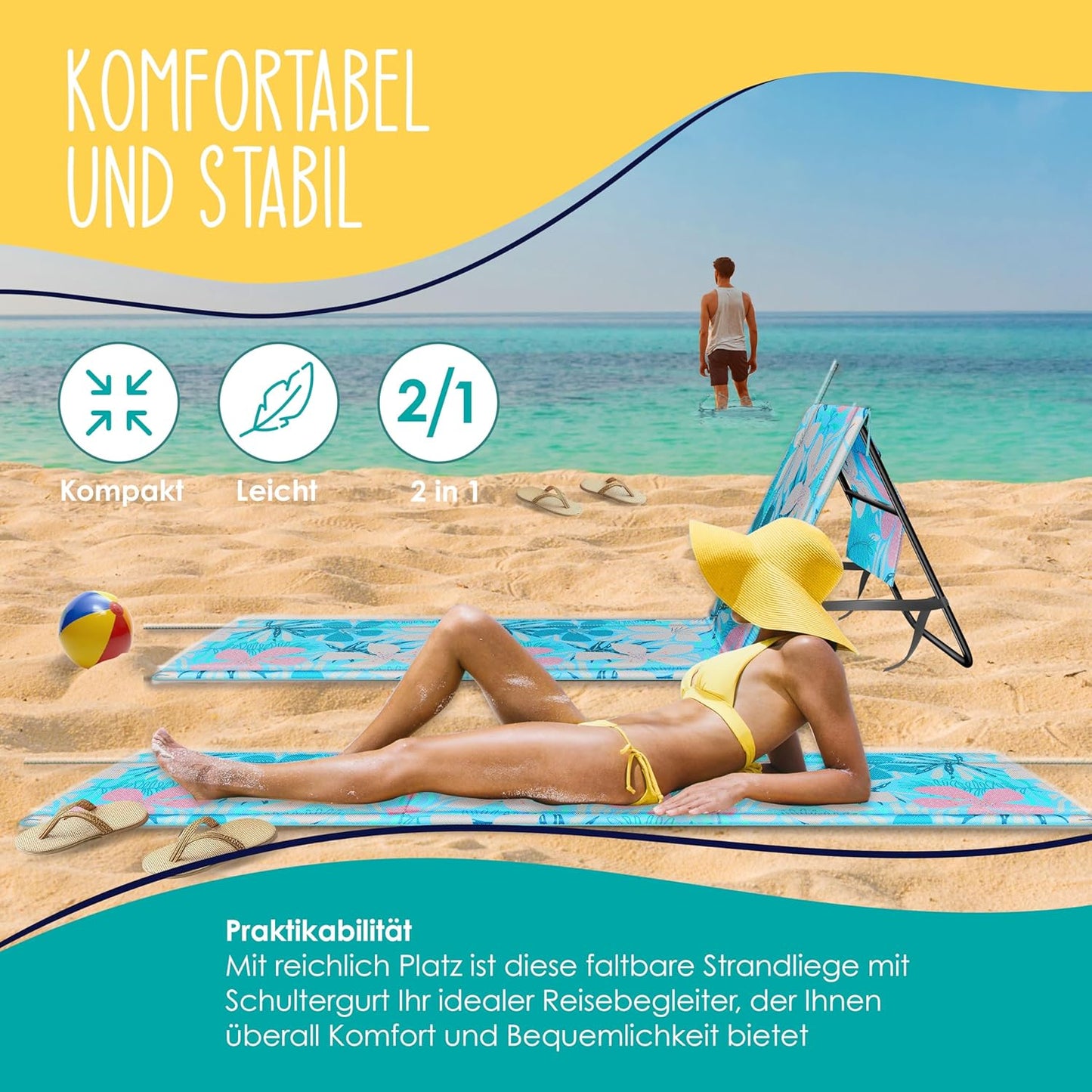 Klappbare Strandmatte mit verstellbarer Rückenlehne und Tragegurt, 1 Stück Hellblau