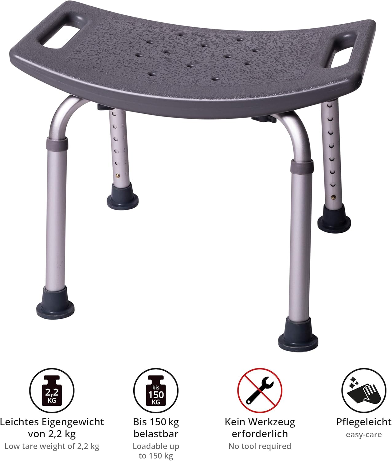 Höhenverstellbarer Duschhocker, Badhocker grau 150 kg
