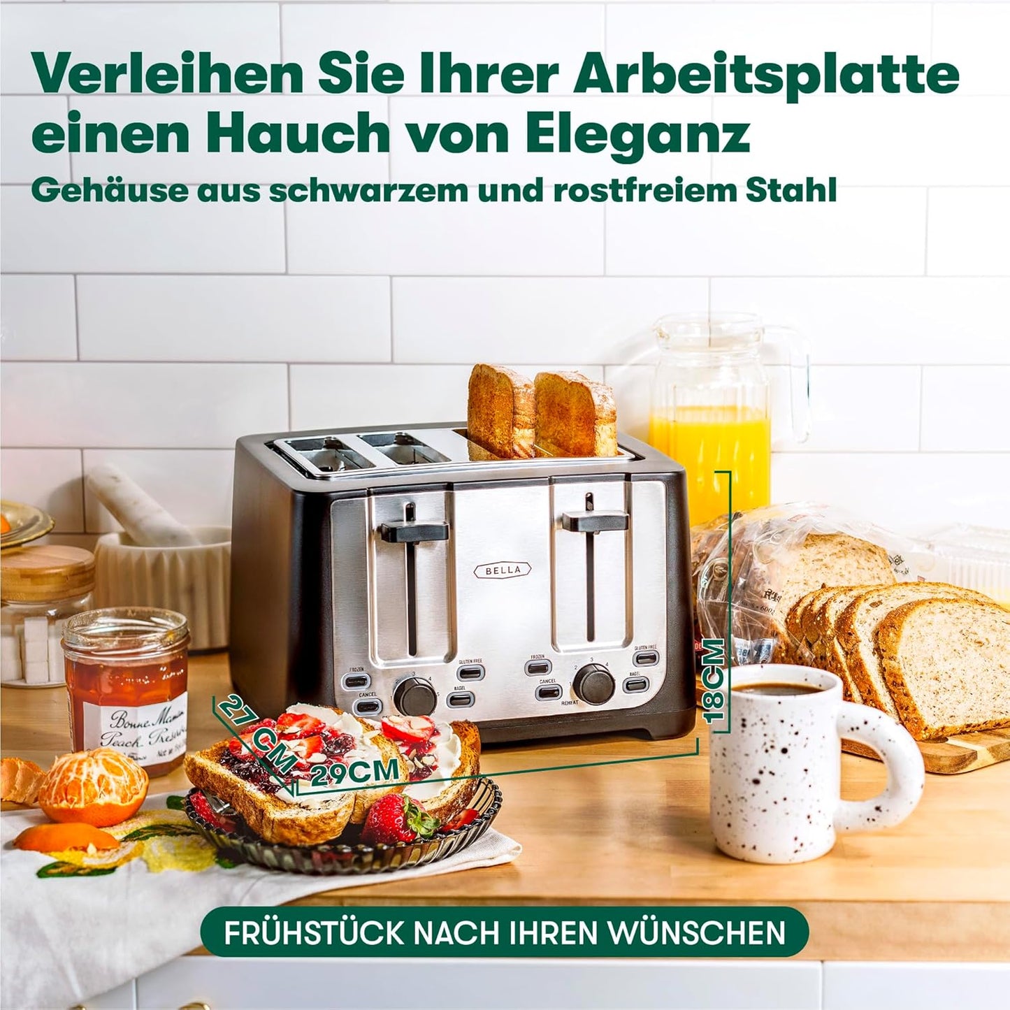 4-Scheiben Toaster mit Automatikfunktionen, Modern Edelstahl und Schwarz