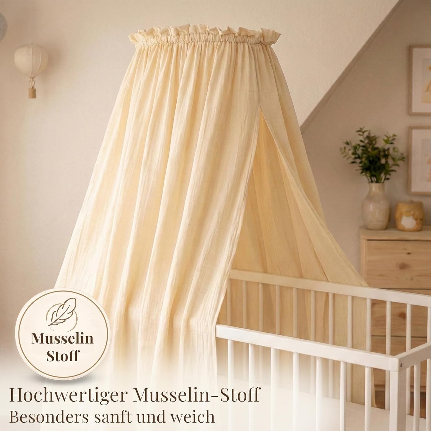 Betthimmel Set mit Himmelstange, montierbarer Ständer + Stoff creme