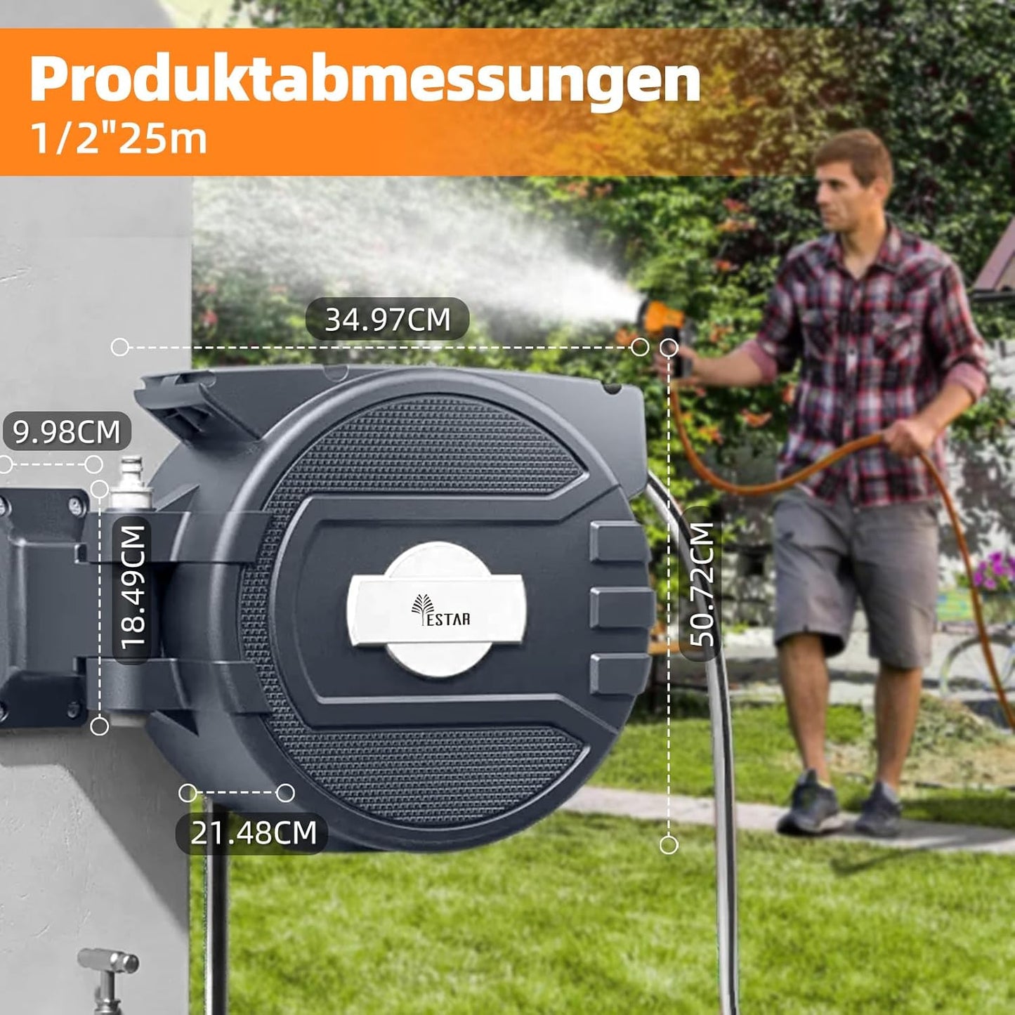 Schlauchaufroller mit Aufroll-Automatik & 7 Sprühmustern, Grau-weiss 25 m