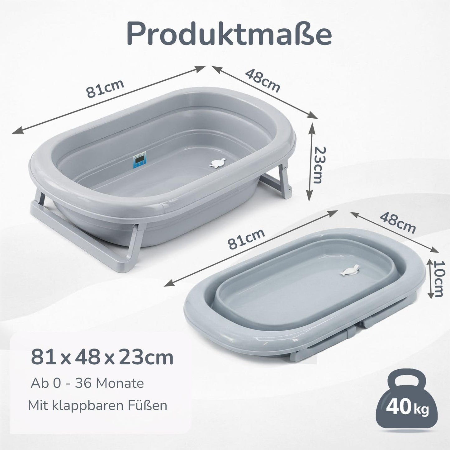 Faltbare Babybadewanne mit Abflussstopfen, Grau Badewanne