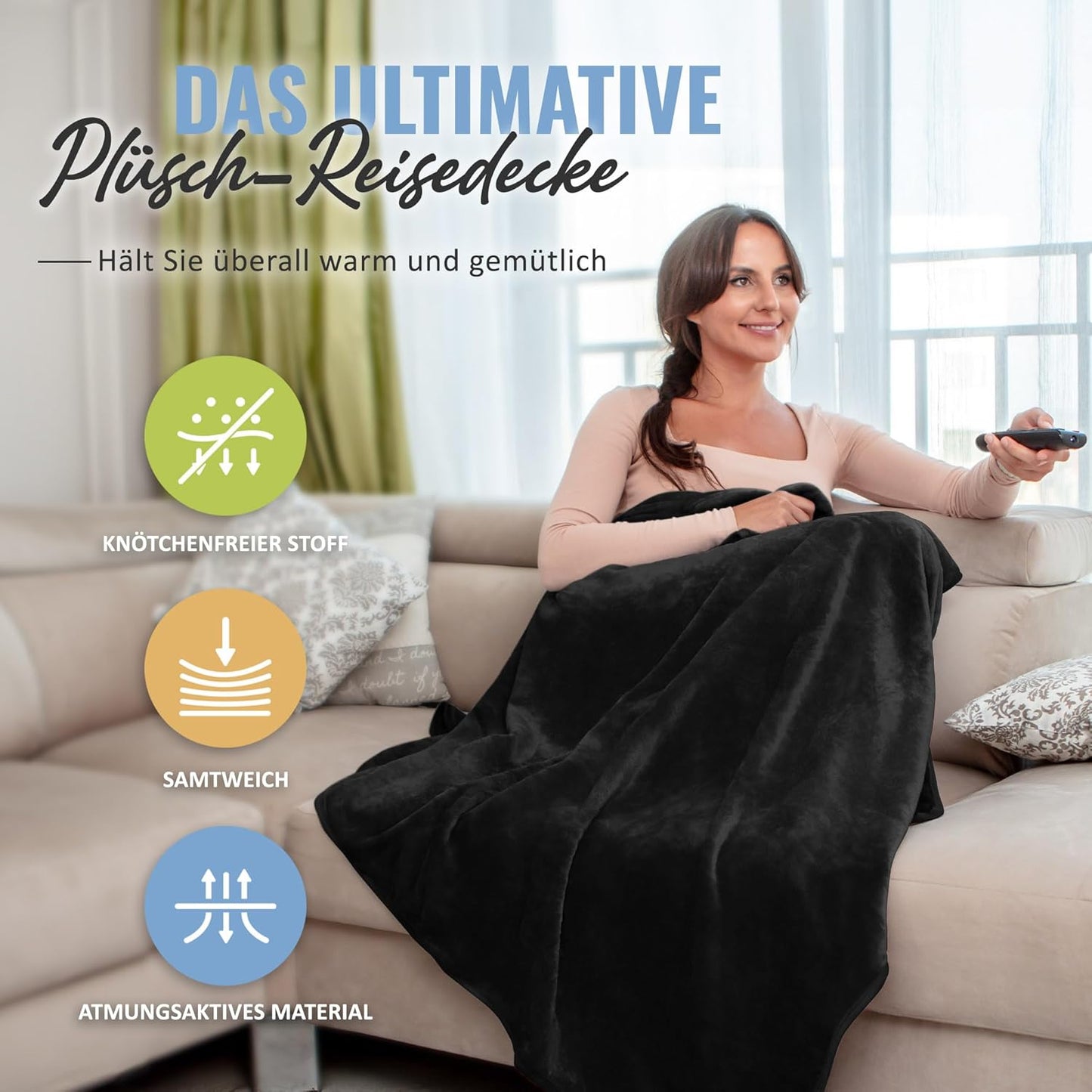 Reisedecke mit Kissen & Rucksackclip, Schwarz