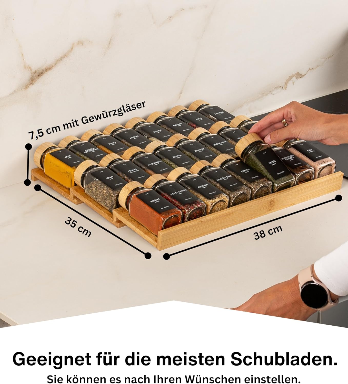 Gewürzgläser-Set mit Schubladeneinsatz, 24 Stk, fix, Bambus, Deckel Bambus