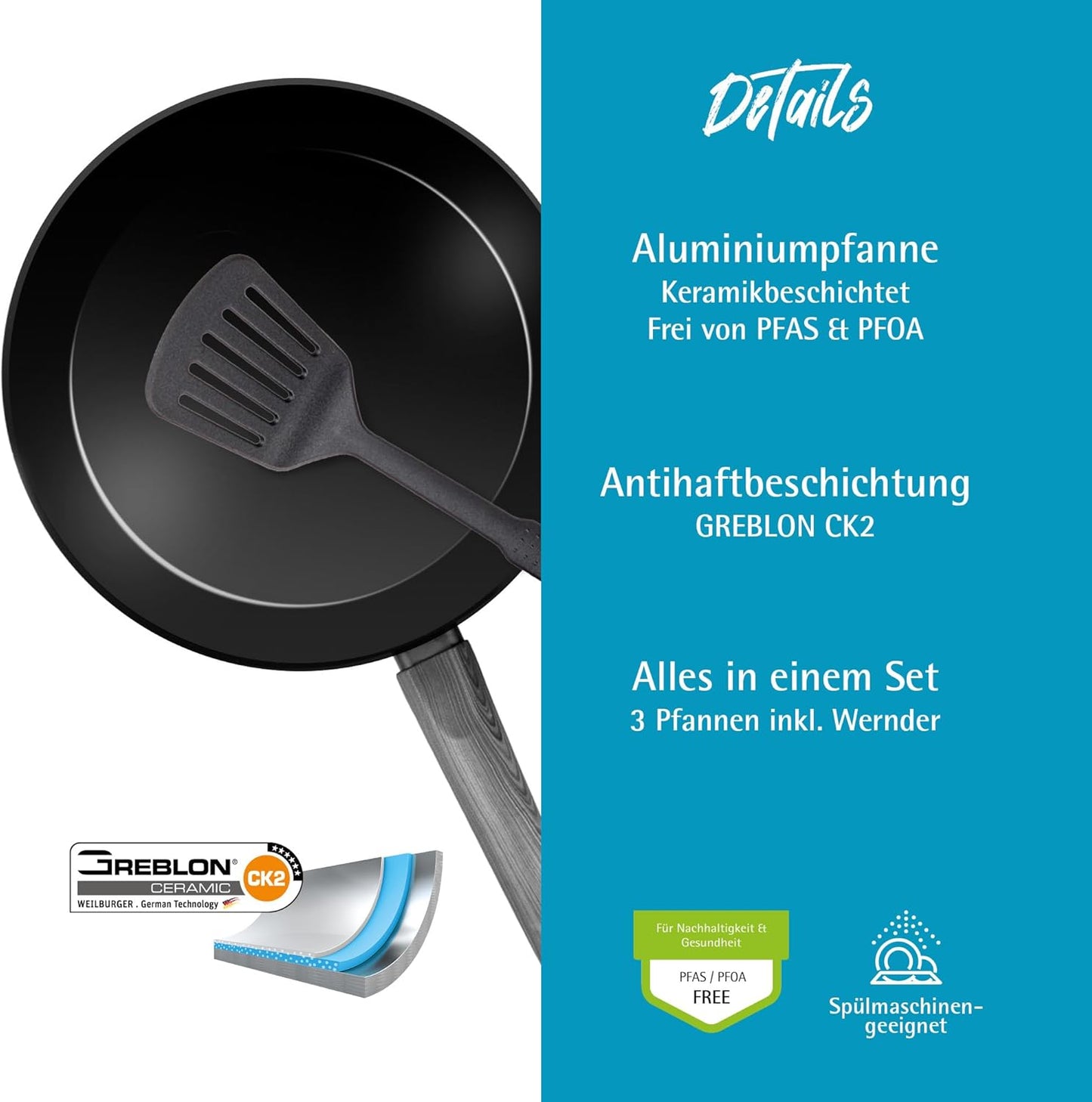 3-teiliges induktionsgeeignetes Pfannenset mit Wender