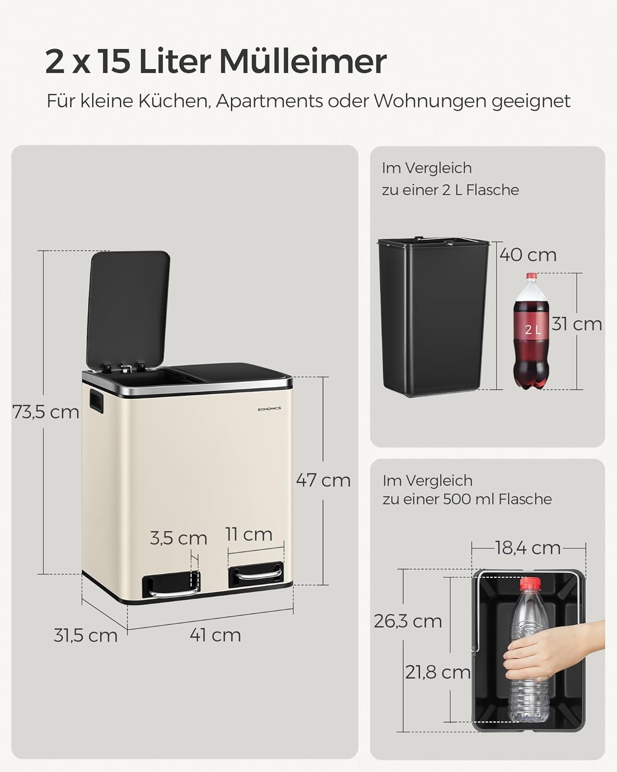 LTB30A02 Mülleimer, 2x15 Liter, Softclose-Deckel, Sandbeige + Tintenschwarz