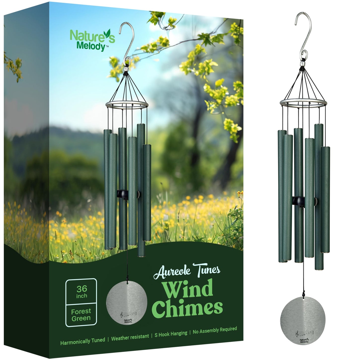 Aureole Tunes Windspiel mit 6 Röhren, E-Pentatonik, 36" Waldgrün