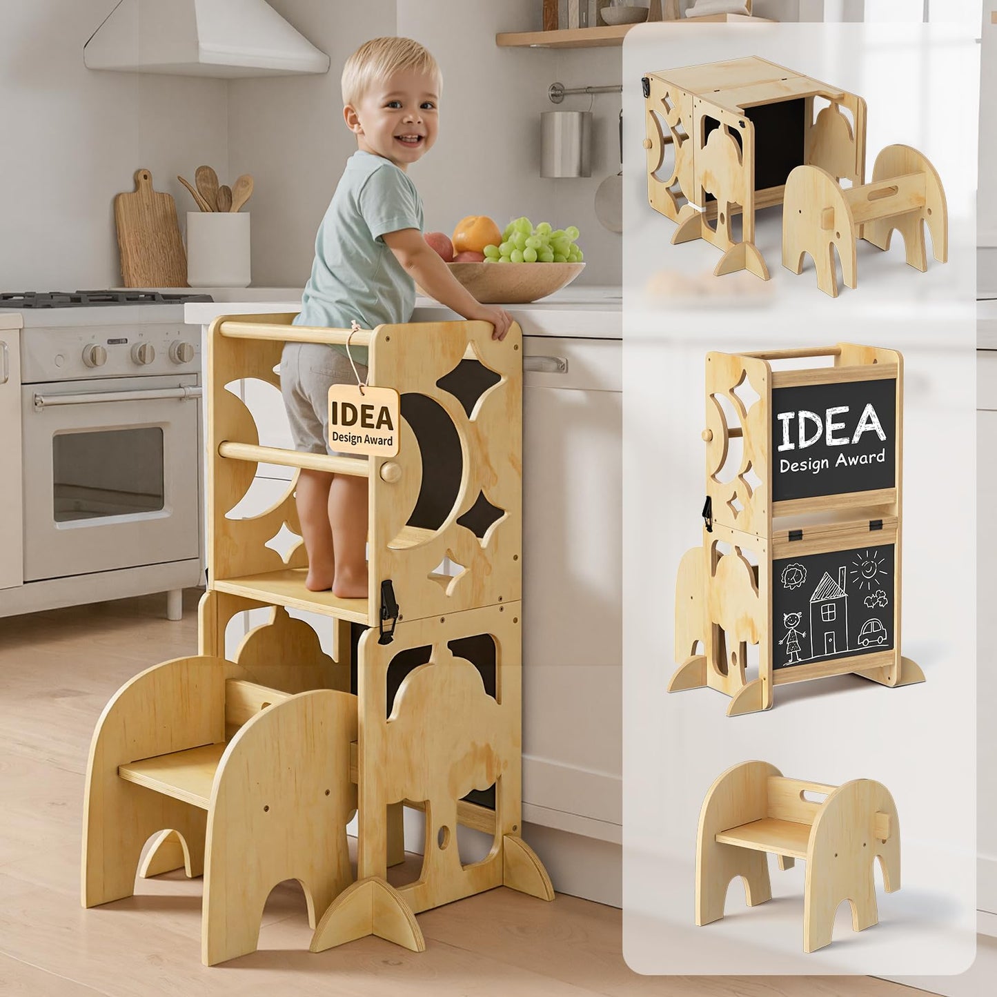 Klappbarer Lernturm mit Doppeltafel & Schreibtisch, Natur