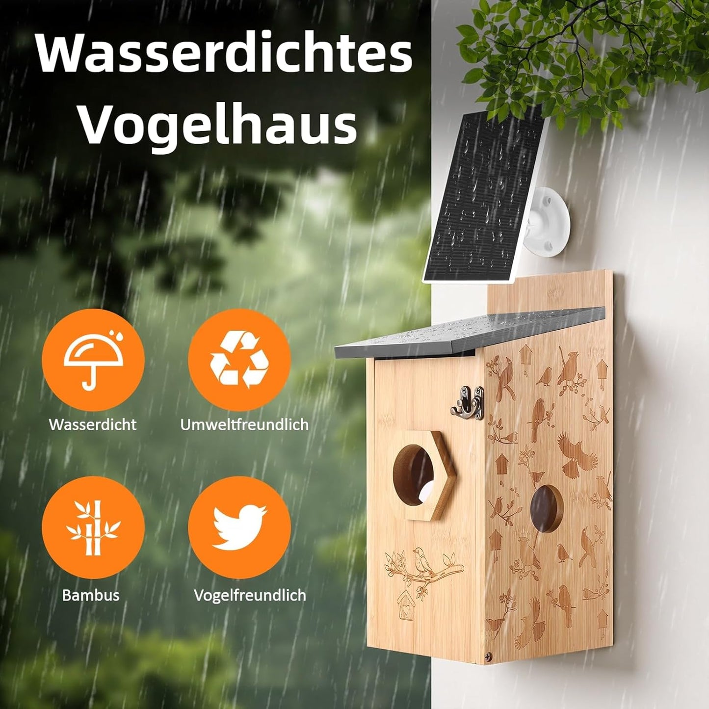 Nistkasten mit Kamera & Solar, Bambus Vogelhaus Solar Kamera