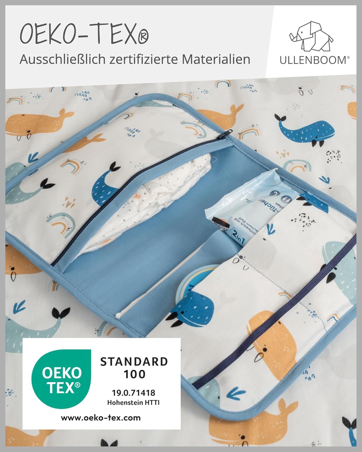 Windeltasche für unterwegs, Blau Wale 18 x 27 cm