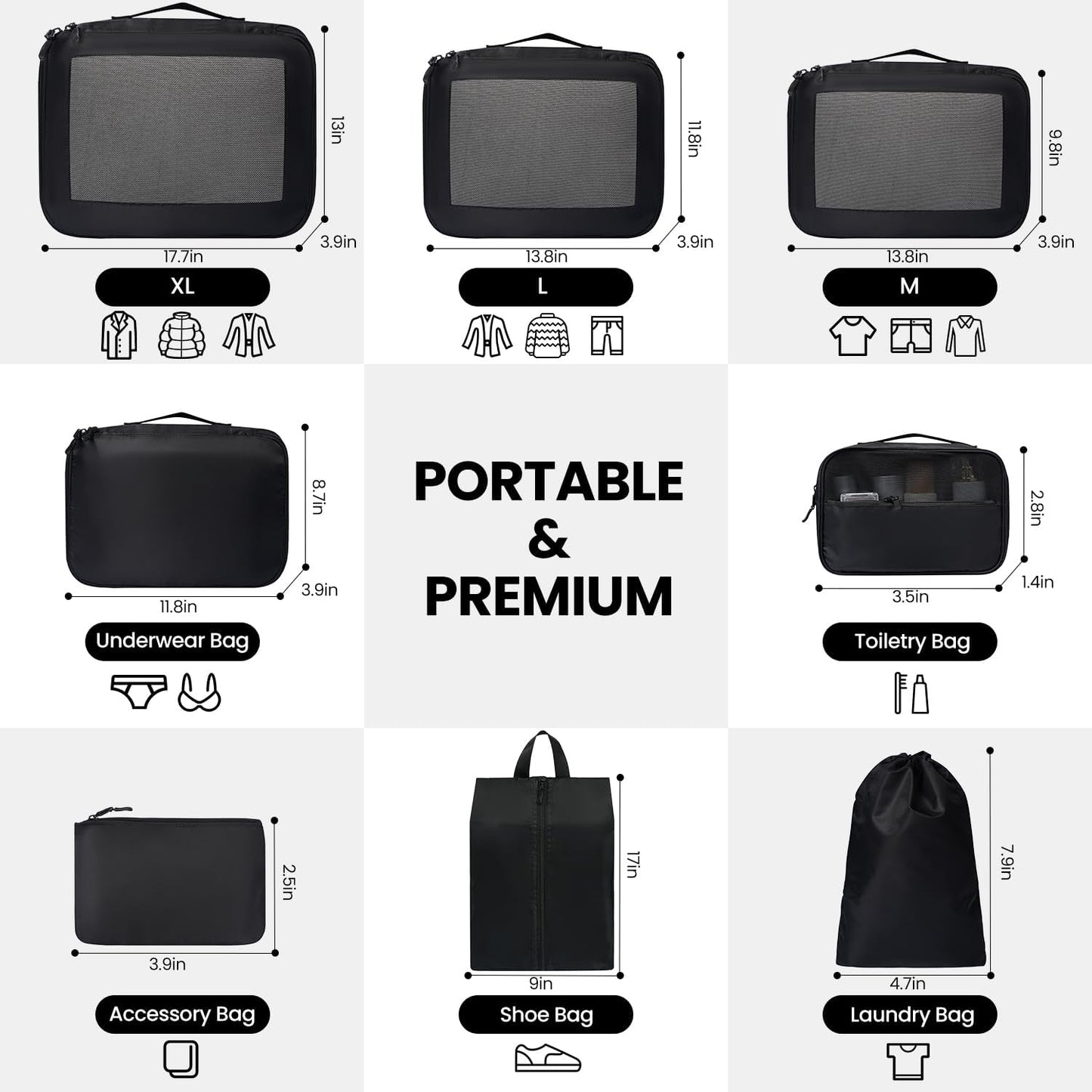 8-teiliges Packwürfel-Set, Schwarz