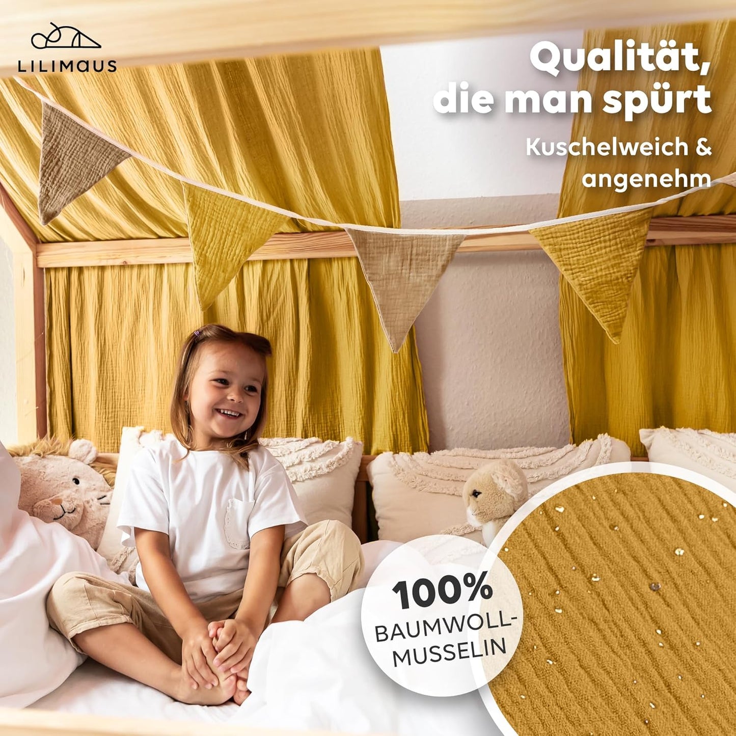 2er-Set Betthimmel für Hausbett, Senfgelb mit Gold 2er Set 67 x 270cm